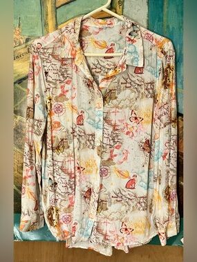 Jane and Delancey Cat Button-Down Blouse with Multicolor Map & Nature Print